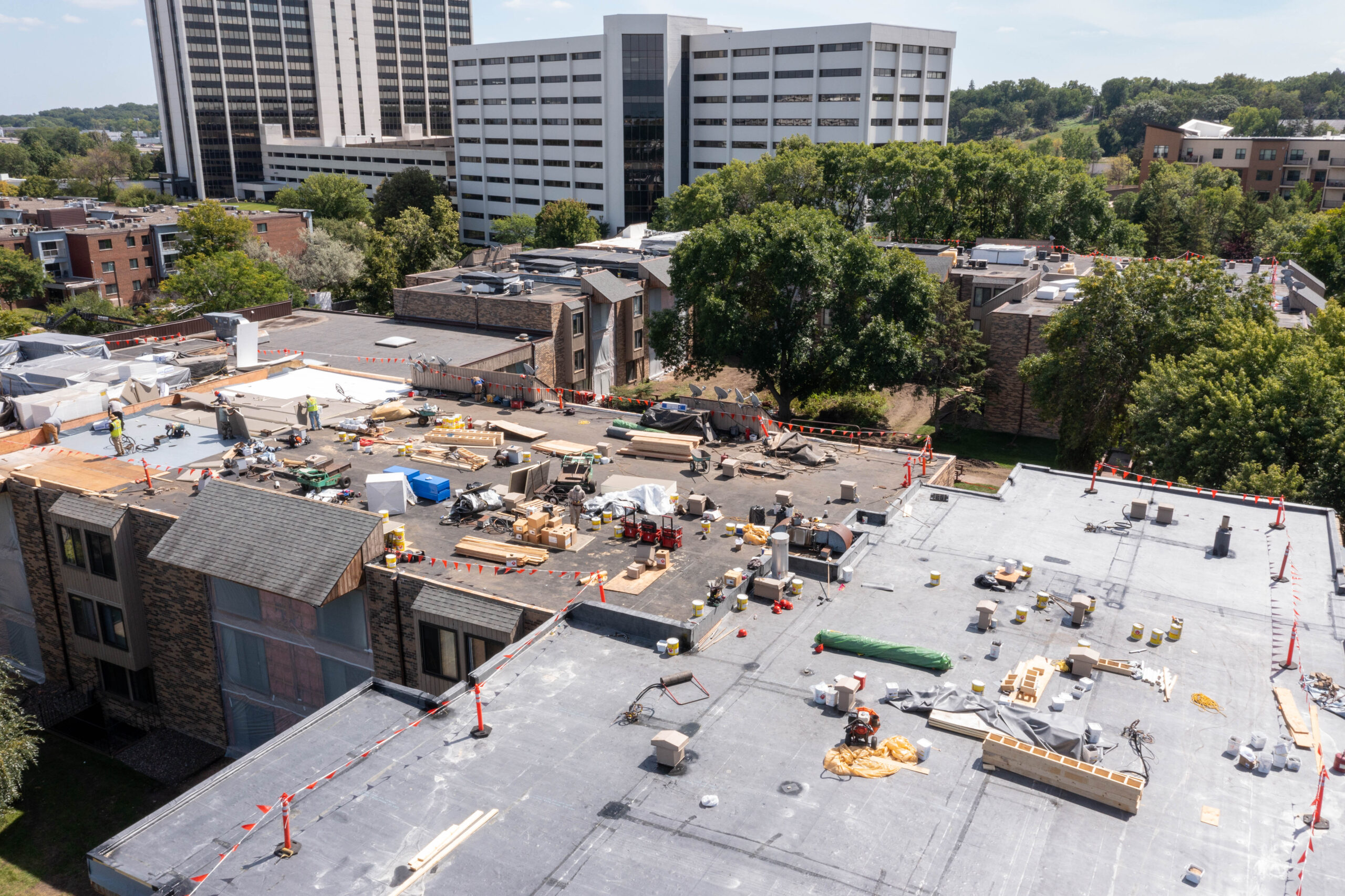 Aerial view of rooftop with construction materials on it