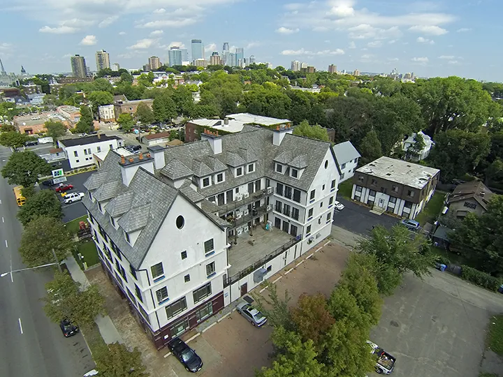 aerial view of multi level apartment building